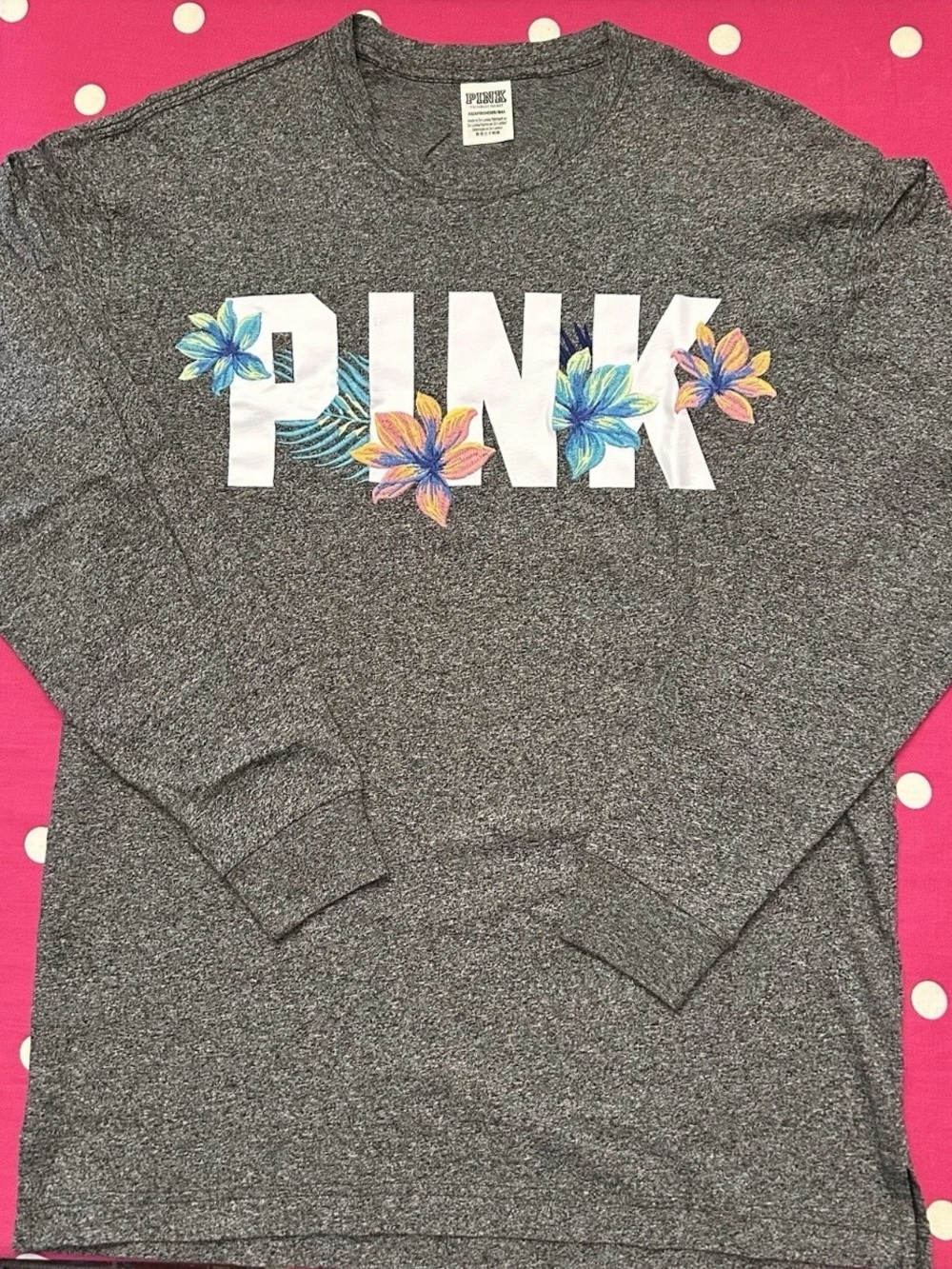 PINK Victoria's Secret Gray Long Sleeve Tee with Floral Logo